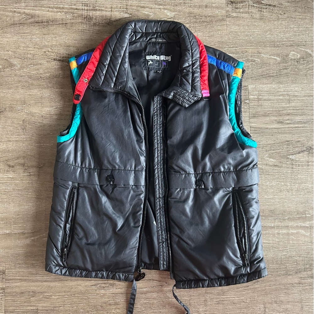 Vintage White Stag Ski Vest M Retro Puffer Black with multicolor trim